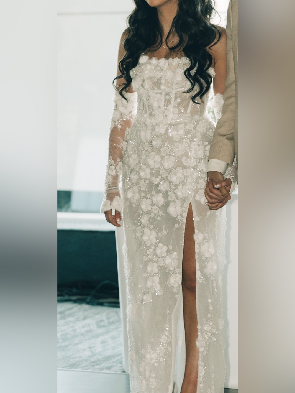 White Floral Appliqué Sheer Sleeve Wedding Gown with Front Slit